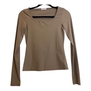Sundays Chic Minimalist Neutral Versatile Stretchy Tan Square-Neck Top Size M